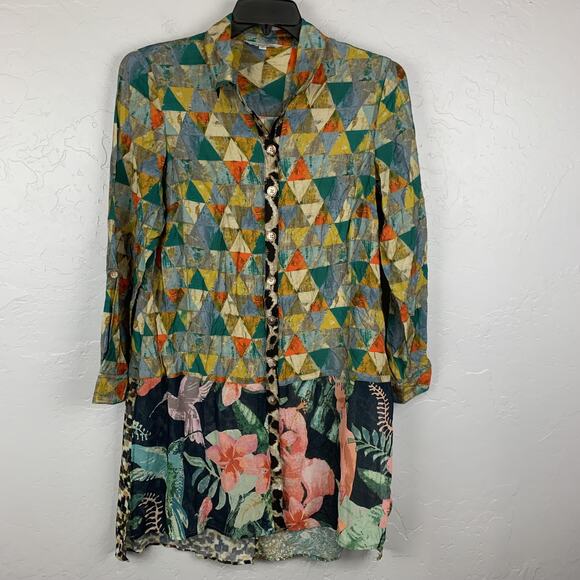 John Mark Shirt Womens Medium Multi Geometric Floral Patchwork Button Up Boho - Picture 1 of 8